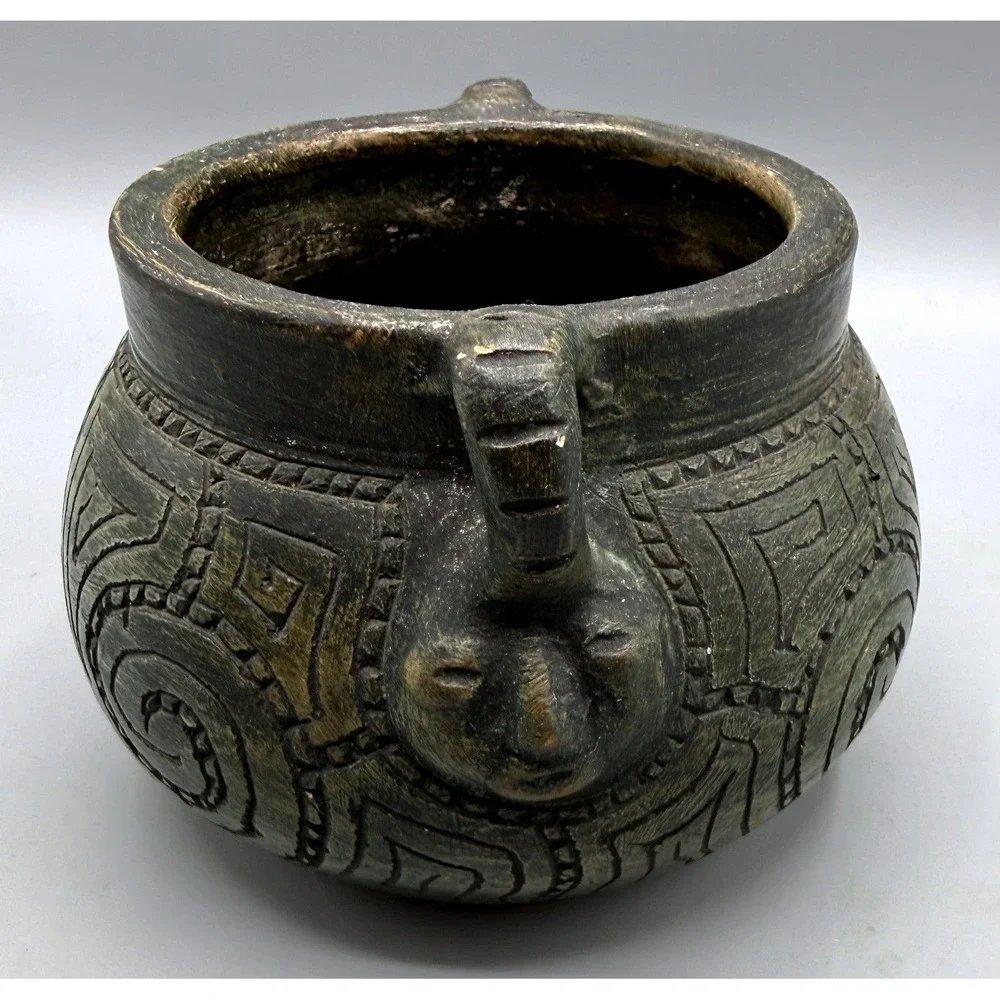 Primitive Hand Carved Pottery Vessel Incised Tribal Geometric Spiral w/Faces 5in